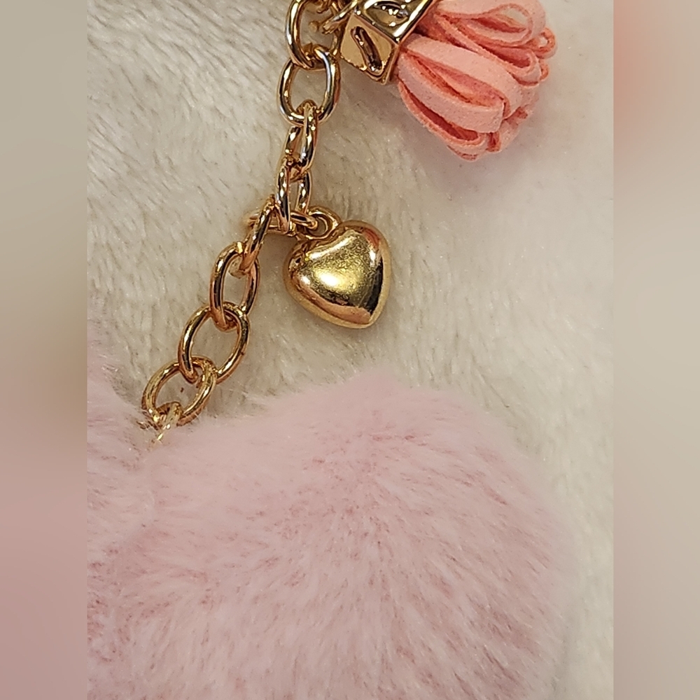 Pink Heart-Shaped Fluffy Keychain with Gold Accents Bag Charm - Picture 3 of 5